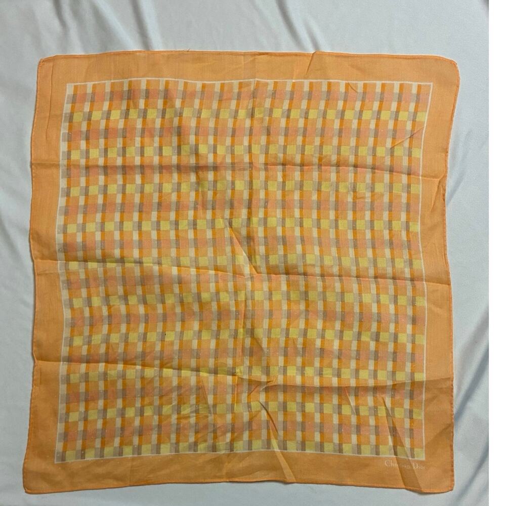 Christian Dior Orange Plaid Cotton Scarf 
Handkerchief 17" Neckerchief Vintage